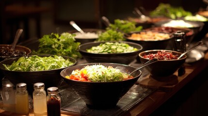 Neatly organized cold buffet with salad dressings and condiments beside chilled bowls