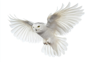 Fototapeta premium Snowy Owl in Flight with Spread Wings and White Feathers in Majestic Nature Setting