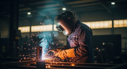 Skilled welder wearing protective gear, using welding torch, joining metal parts, creating bright sparks and smoke in industrial environment