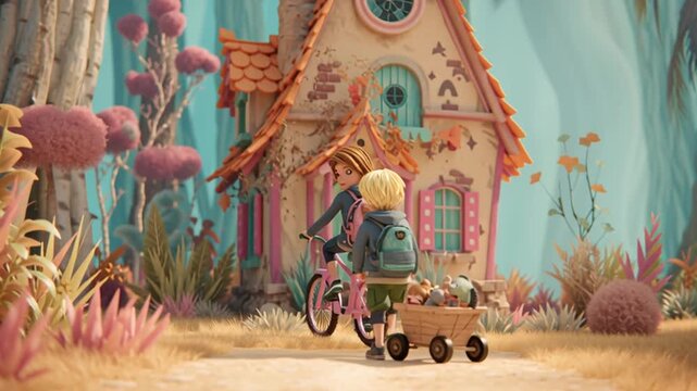 a stylized D animated scene of two children arriving at an old whimsical house deep in an enchanted forest girl with short brown hair Mia on a pink bicycle with a backpack younger boy Alex with blond