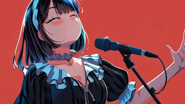 a stylish anime girl singing into a mic bob-cut hairstyle bright eyes thick black outlines bold painterly coloring cel shading vibrant simple solid color background no details in background