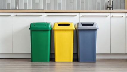 Three color-coded waste bins line a kitchen counter, promoting organized recycling and waste management in a modern setting.