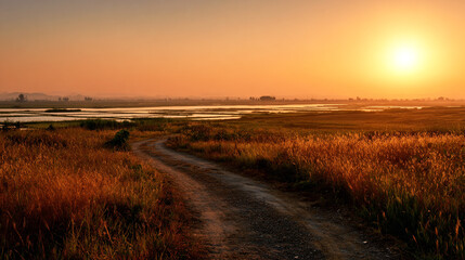 endless field of grasses. In front of you, you can see vast water bodies. There's fog in the air.