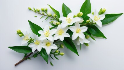 Fototapeta premium White gardenia flowers with green leaves and buds, on white background. Fresh floral arrangement. Fragrant blossoms. Nature and beauty concept.