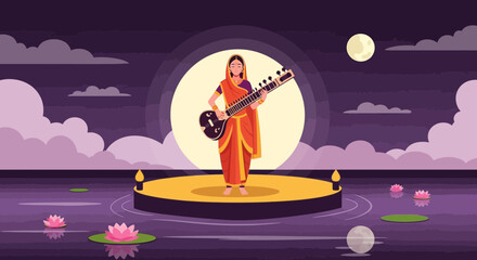 Naklejka premium Indian Woman Playing Veena On Stage Under Moonlight And Lotus Pond