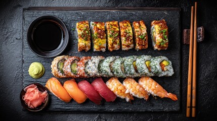 Overhead view of assorted sushi rolls on black slate platter with soy sauce and wasabi