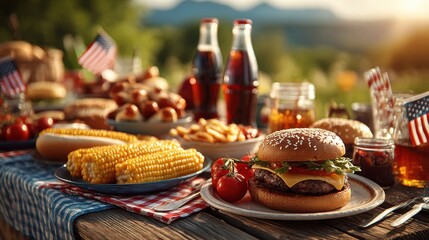 Labor day picnic table with burgers corn drinks flags outdoors