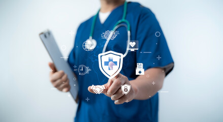 Doctor using digital health interface to ensure patient data protection privacy innovation smart technology medical communication access AI integration futuristic medical system