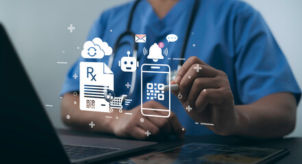 Doctor using AI system to manage e-prescriptions mobile alerts QR code robotic assistant online pharmacy digital healthcare service secure medical automation platform