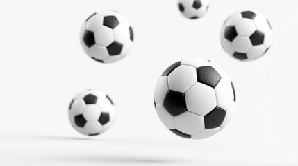 Multiple black and white soccer balls flying on white background.