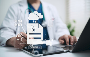 Doctor using online pharmacy with digital prescription QR code cloud system mobile interface secure shopping cart AI medical service and healthcare technology innovation