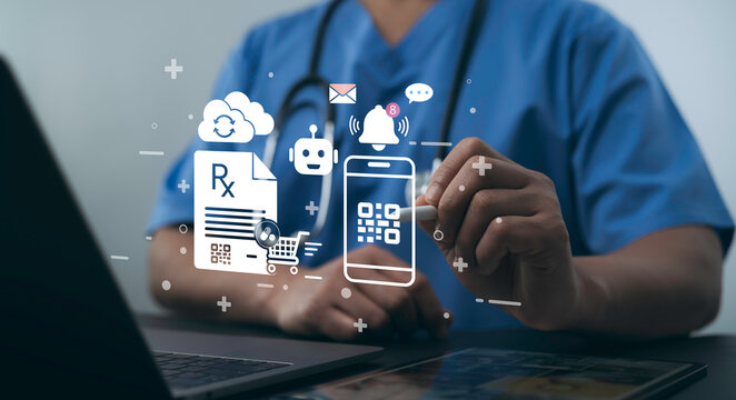 Doctor using AI system to manage e-prescriptions mobile alerts QR code robotic assistant online pharmacy digital healthcare service secure medical automation platform
