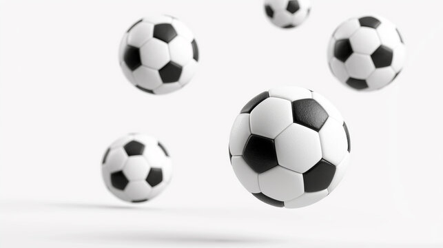 Multiple black and white soccer balls flying on white background. - Powered by Adobe