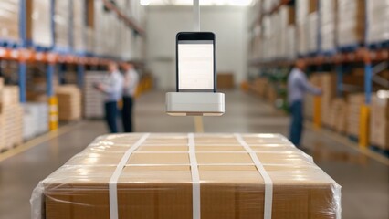 A smartphone is suspended above a pallet of boxes in a warehouse, with workers engaged in the background, highlighting technology in logistics.