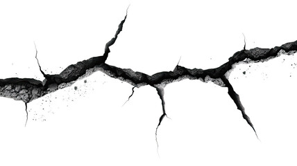  Hole in the wall with black split crack and broken rift in the ground floor isolated on white background
