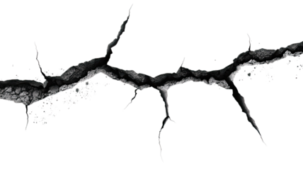  Hole in the wall with black split crack and broken rift in the ground floor isolated on white background
