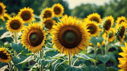 Fototapeta premium A field of sunflowers in full bloom under a bright sky.