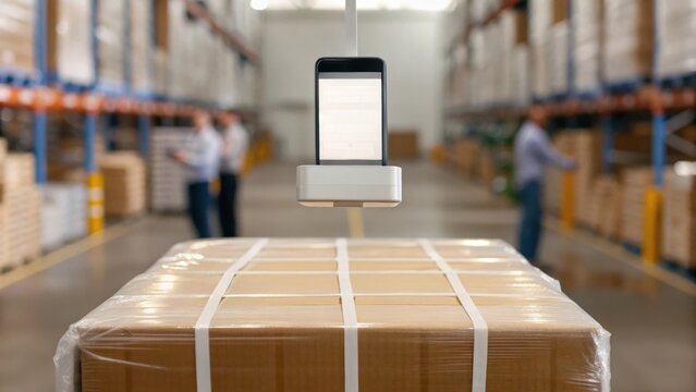 A smartphone is suspended above a pallet of boxes in a warehouse, with workers engaged in the background, highlighting technology in logistics. - Powered by Adobe