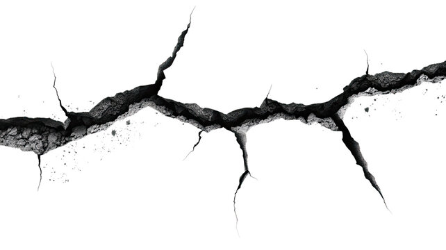  Hole in the wall with black split crack and broken rift in the ground floor isolated on white background
