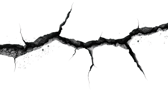  Hole in the wall with black split crack and broken rift in the ground floor isolated on white background
