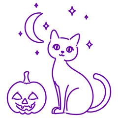 Cute Halloween Line Art. Cat, Pumpkin and Stars