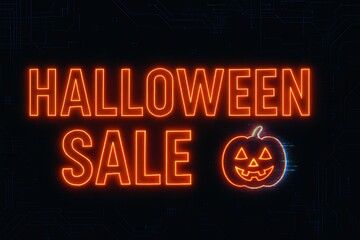 Neon-style "Halloween Sale" text with a glowing Jack-o'-lantern graphic on a dark circuit board background, evoking a tech and seasonal promotional theme.