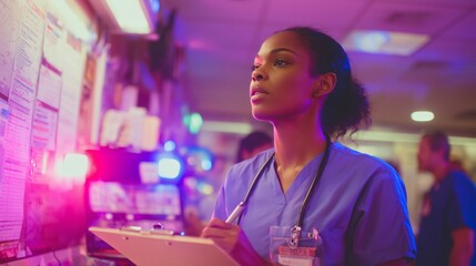 Healthcare professional reviews patient information in a busy emergency room