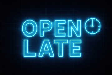 Neon-style sign displaying "Open Late" with a glowing clock icon, perfect for businesses highlighting extended or late-night hours.