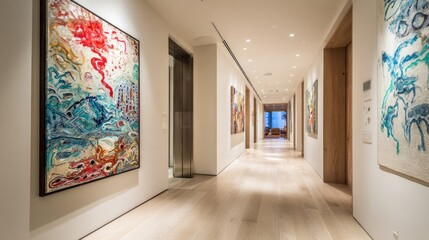 Modern hallway with recessed ceiling lights, abstract artwork, and polished floors