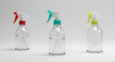 Three plastic spray bottles in different sizes and colors are displayed on a white background, perfect for cleaning, household, or beauty themes.