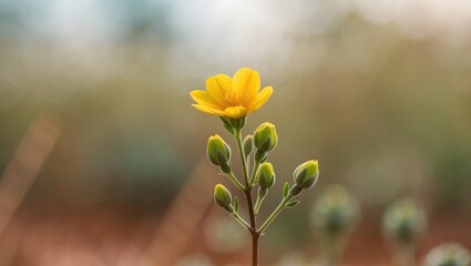 Close-up of a yellow flower with buds, set against a blurred background.