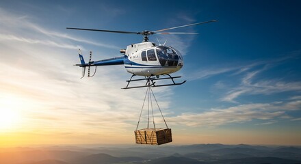 Helicopter delivering box aerial cargo transport against sky