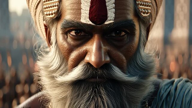 Cinematic close-up shot of Bhishma Pitamah the grand elder of the Kuru dynasty offering a faint knowing smile