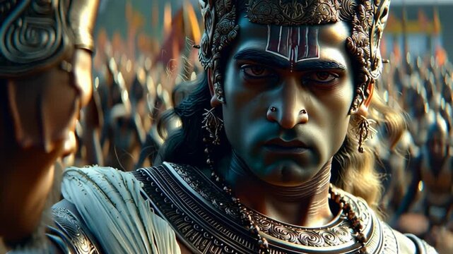 Cinematic close-up of Yudhishthir the eldest Pandava standing on the battlefield of Kurukshetra just before war begins