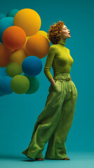 Obraz premium Woman in green pants stands confidently, breathing out colorful spheres against vibrant blue background, creating dynamic and artistic scene