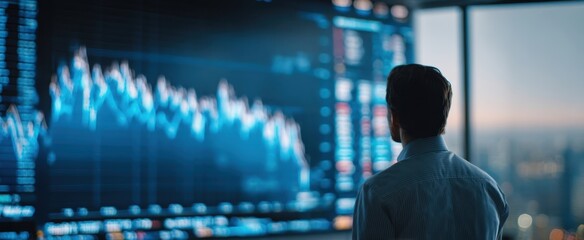 The professional analyzing financial data on a digital display in an office.