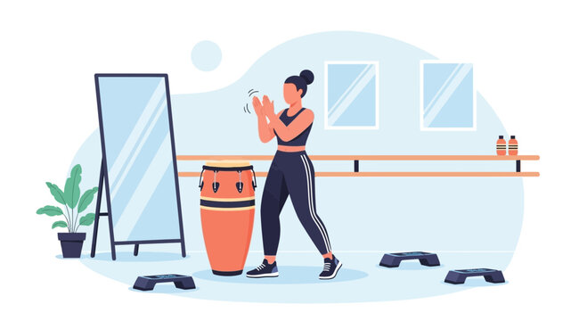 Fitness Rhythm A Woman Exercising In A Gym Setting With A Latin Percussion Instrument