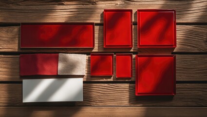 Obraz premium A set of red and white boxes and trays arranged on a wooden surface.