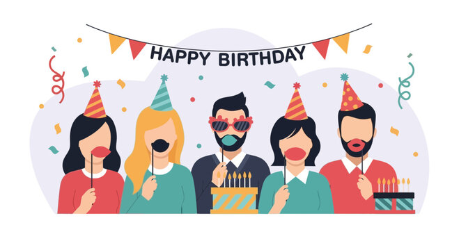 Joyful Birthday Celebration With Friends Wearing Festive Hats And Using Photo Booth Props