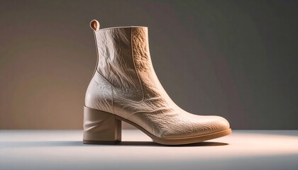 Stylish leather ankle boot with block heel in soft lighting.