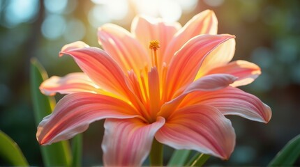 Fototapeta premium Pink and Orange Striped Flower Blooming in Sunlight in Garden