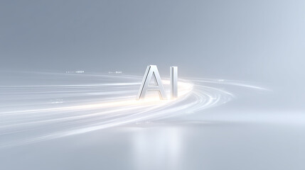 Glowing AI icon with dynamic light trails symbolizes technology and innovation