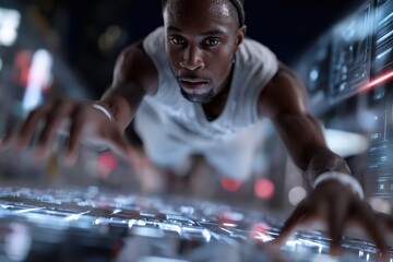 A powerful image capturing an athlete in action amidst futuristic visuals, representing the fusion of sports, technology, and human potential in a captivating manner.