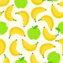 Delightful seamless pattern of bananas and green apples in a playful design.