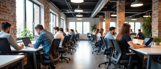 Modern office space with people working on laptops, collaborative environment, brick walls, large windows, natural light, focused atmosphere
