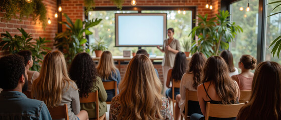 Engaging presentation in cozy environment with plants, featuring diverse audience attentively listening to speaker