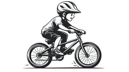 Naklejka premium Black and white illustration of a child cyclist wearing helmet riding bicycle isolated on white background 