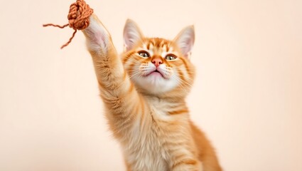 Ginger tabby kitten reaching for a ball of yarn with paw extended on a light colored background | international cat day