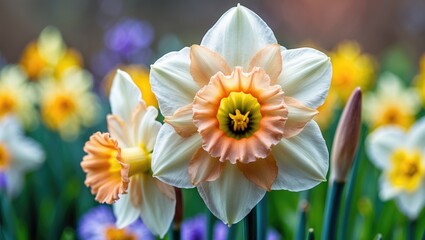 Bright spring flowers with daffodils and daffodil-like blooms, vibrant colors, outdoor garden scene.