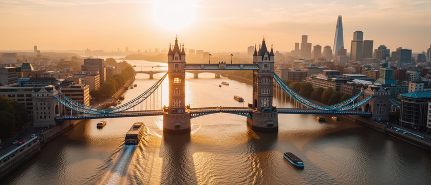 Stunning view of Tower Bridge at sunset, showcasing iconic structure and city skyline. warm glow reflects on river, creating serene atmosphere